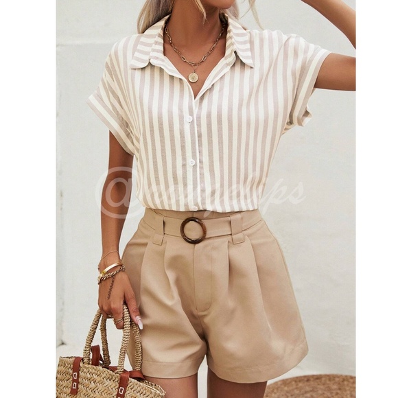 Striped White Khaki Short Batwing Sleeve Button Down Shirt - Picture 5 of 7